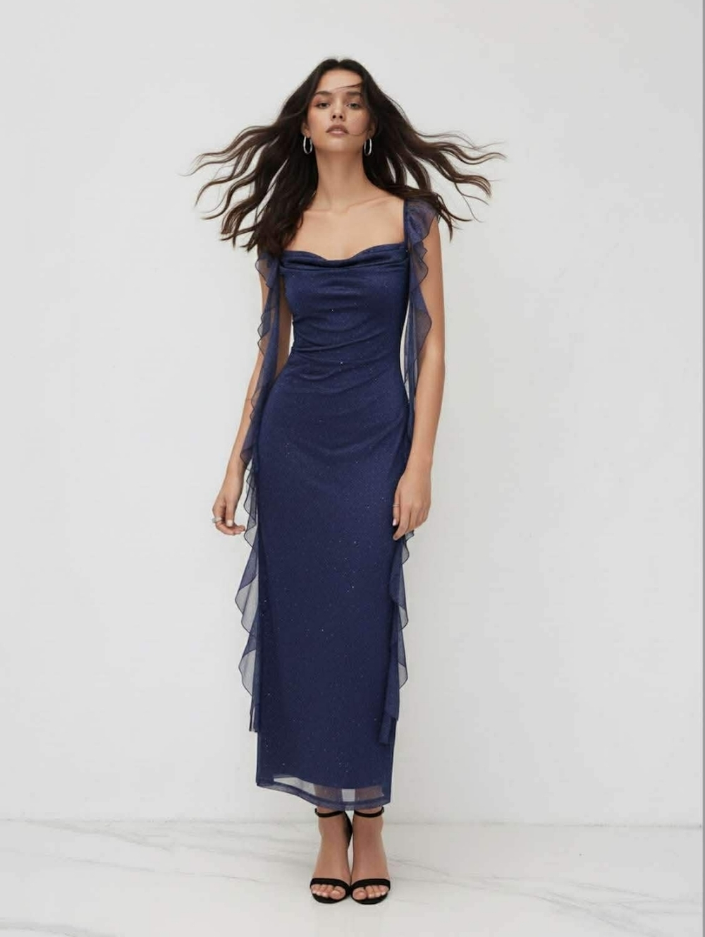 Cider Elegant Navy Ruffle Strap Evening Dress New Size L